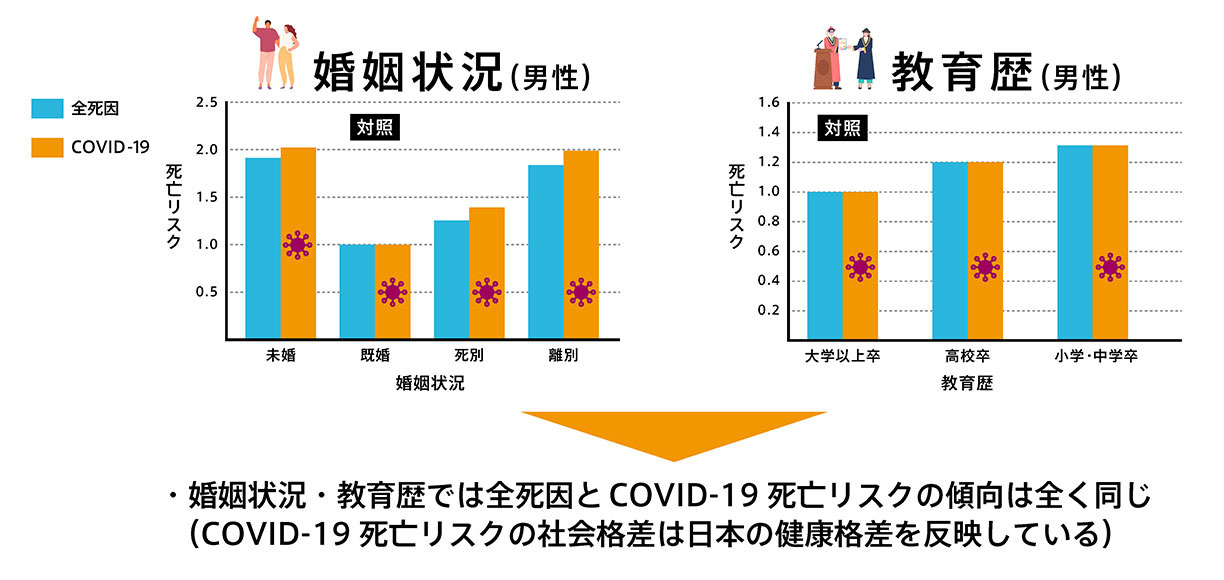 COVID-19死亡率の社会人口学的特徴 婚姻状況と教育歴