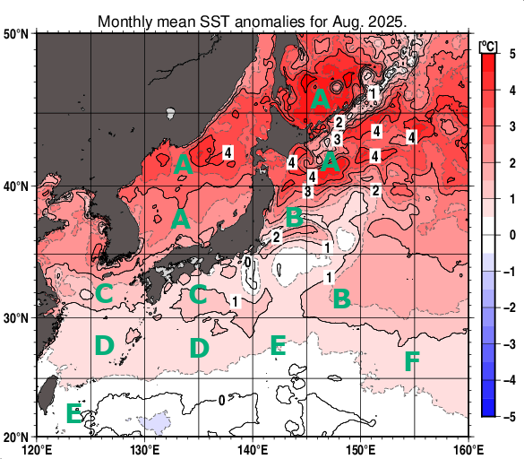2025年の日本近海の海面水温
日本海北部の海面水温は、解析値のある1982年以降で8月として最も高くなりました(速報値)。