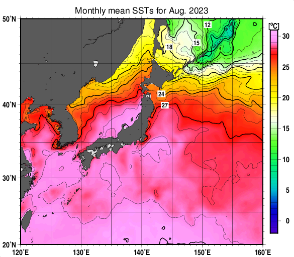 2023年8月の月平均海面水温は、日高沿岸や北海道日本海川沿岸で24℃を示している。