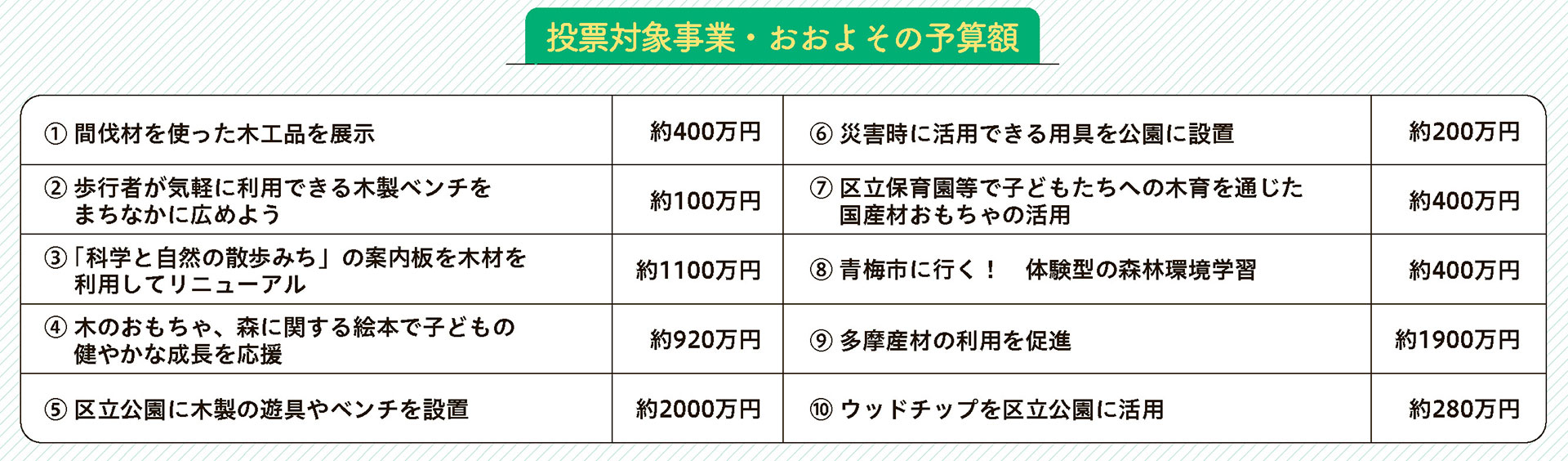 投票対象事業・おおよその予算額
① 間伐材を使った木工品を展示
約400万円
② 歩行者が気軽に利用できる木製ベンチをまちなかに広めよう
約100万円
③ ｢科学と自然の散歩みち」の案内板を木材を利用してリニューアル
約1100万円
④ 木のおもちゃ、森に関する絵本で子どもの健やかな成長を応援
約920万円
⑤ 区立公園に木製の遊具やベンチを設置
約2000万円
⑥ 災害時に活用できる用具を公園に設置
約200万円
⑦ 区立保育園等で子どもたちへの木育を通じた国産材おもちゃの活用
約400万円
⑧ 青梅市に行く！　体験型の森林環境学習
約400万円
⑨ 多摩産材の利用を促進
約1900万円
⑩ ウッドチップを区立公園に活用
約280万円