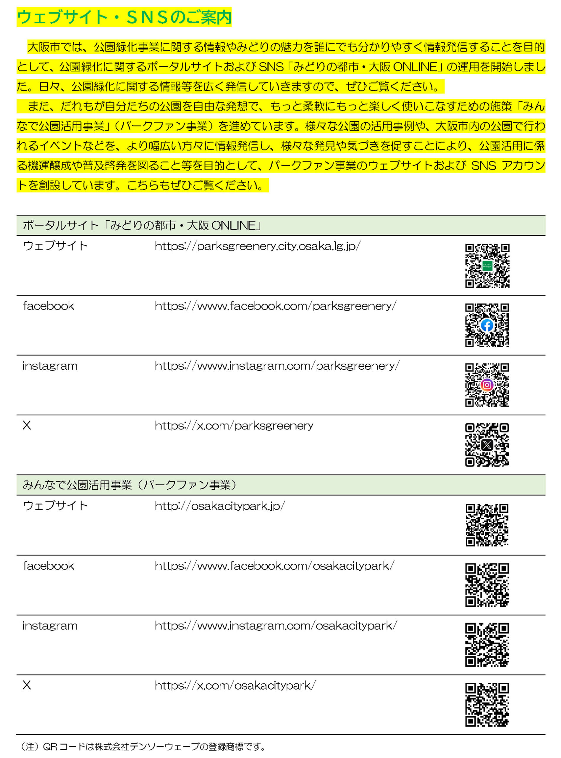 ウェブサイト・SNSのご案内 大阪市では、公園緑化事業に関する情報やみどりの魅力を誰にでも分かりやすく情報発信することを目的として、公園緑化に関するポータルサイトおよびSNS「みどりの都市・大阪ONLINE」の運用を開始しました。日々、公園緑化に関する情報等を広く発信していきますので、ぜひご覧ください。 また、だれもが自分たちの公園を自由な発想で、もっと柔軟にもっと楽しく使いこなすための施策「みんなで公園活用事業」(パークファン事業)を進めています。様々な公園の活用事例や、大阪市内の公園で行われるイベントなどを、より幅広い方々に情報発信し、様々な発見や気づきを促すことにより、公園活用に係る機運醸成や普及啓発を図ること等を目的として、パークファン事業のウェブサイトおよびSNSアカウントを創設しています。こちらもぜひご覧ください。