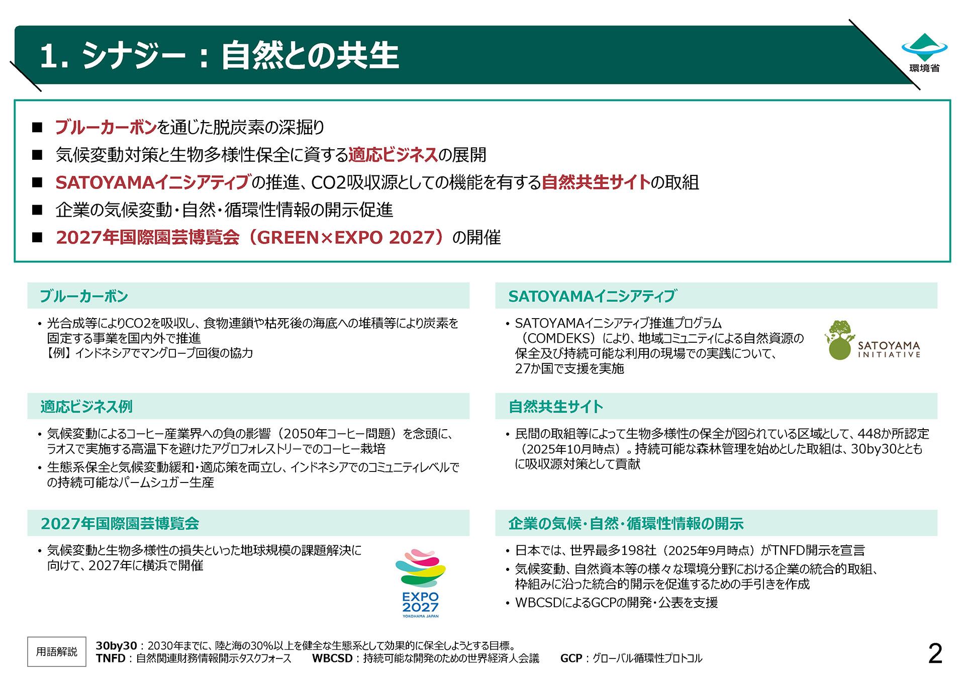 1. シナジー：自然との共生
ブルーカーボンを通じた脱炭素の深掘り
気候変動対策と生物多様性保全に資する適応ビジネスの展開
SATOYAMAイニシアティブの推進、CO2吸収源としての機能を有する自然共生サイトの取組
企業の気候変動・自然・循環性情報の開示促進
2027年国際園芸博覧会（GREEN×EXPO 2027）の開催
