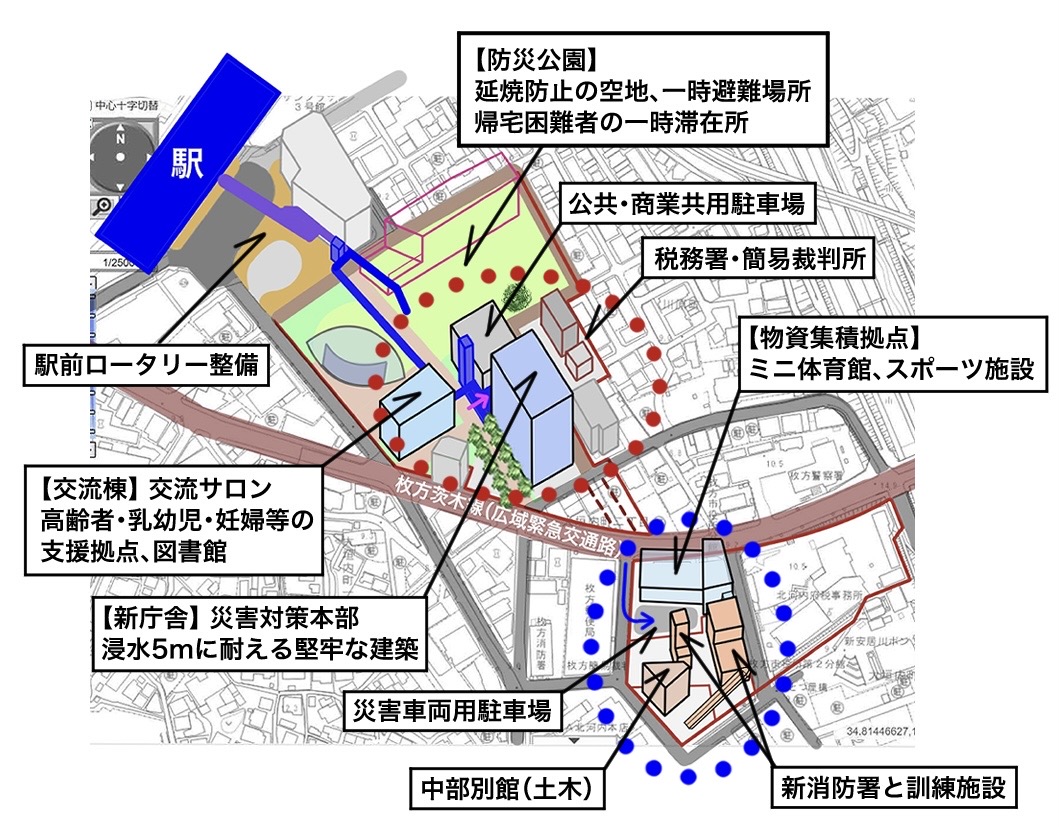 災害時における集約の価値
物理的な距離の近さは、災害時に「関係者が歩いて対策本部に集まれる」という確実な参集を可能にし、職員やボランティアの移動負担も軽減されます。また、一般の避難場所（防災公園）と、配慮が必要な人のための福祉避難所（交流棟）が隣接していれば、家族がバラバラにならずに避難生活を送れる安心感にも繋がります。