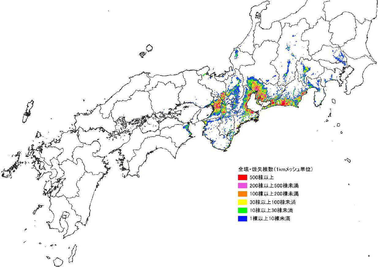 全壊・焼失棟数（東側半割れ、冬・夕、風速8m/s）