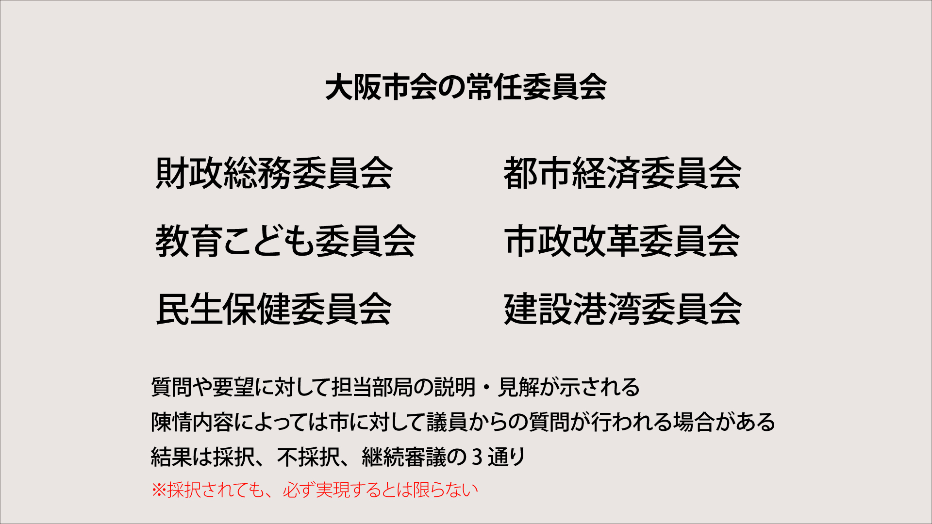 大阪市会には6つの常任委員会が設置されている。

大阪市会の常任委員会
財政総務委員会
教育こども委員会
民生保健委員会
都市経済委員会
市政改革委員会
建設港湾委員会

陳情書を出すと、いずれかの委員会で審議される。
議会では、質問や要望に対して担当部局の説明・見解が示され、陳情内容によっては、市に対して議員からの質問が行われる場合もある。
結果として採択、不採択、継続審議のいずれかが選択される。