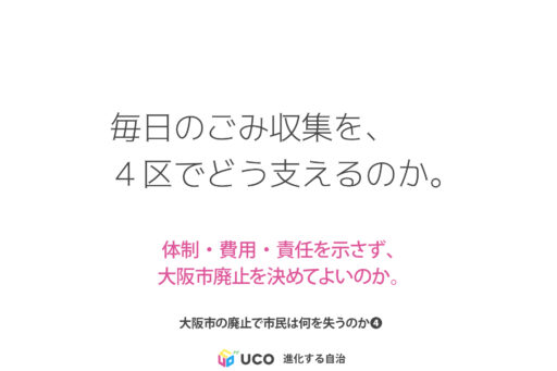 毎日のごみ収集を、 ４区でどう支えるのか。 体制・費用・責任を示さず、 大阪市廃止を決めてよいのか。 大阪市の廃止で市民は何を失うのか❹