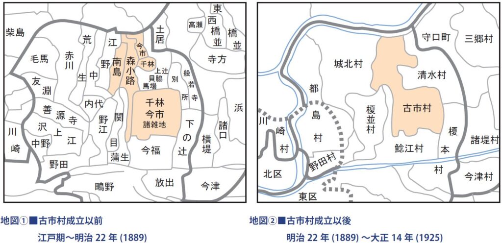 地図左　古市村成立以前[江戸期～明治22 年(1889)]
地図右　古市村成立以後[明治22 年(1889) ～大正14 年(1925)]